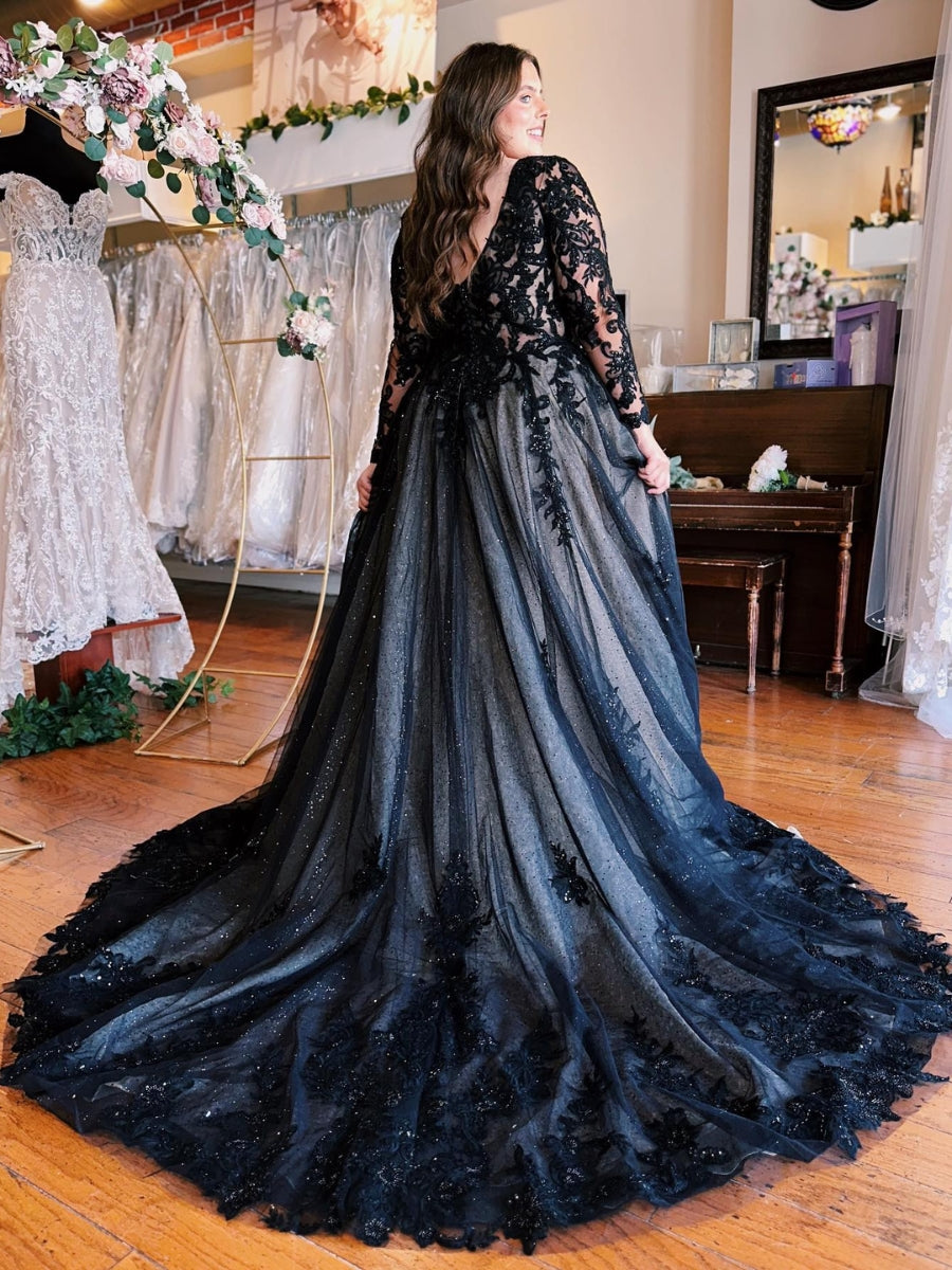 Long Sleeves V-neck Black Wedding Dresses for Alternative Bride