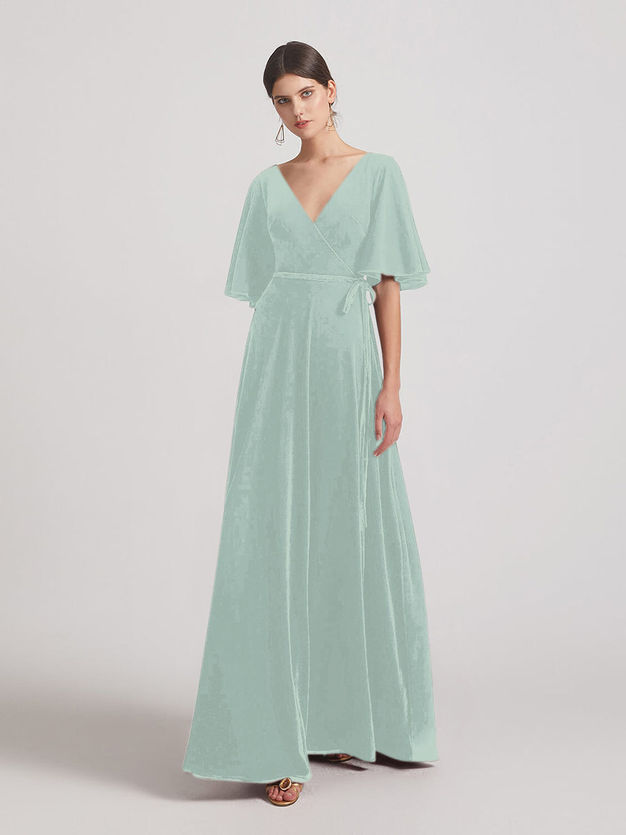 Elbow Length Flutter Sleeve Velvet Maxi Bridesmaid Dresses