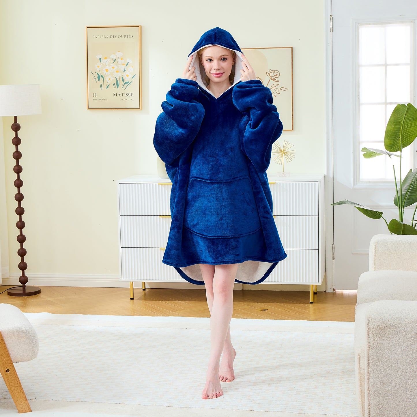 Classic Navy Blue Sherpa-Lined Hoodie Blanket