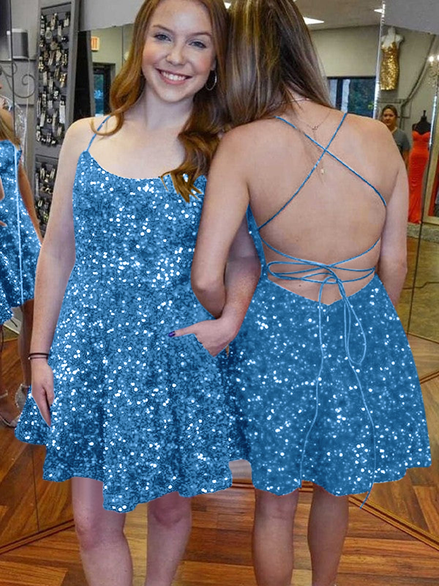 A-Line Spaghetti Straps Sleeveless Short Velvet Sequin Prom Dress
