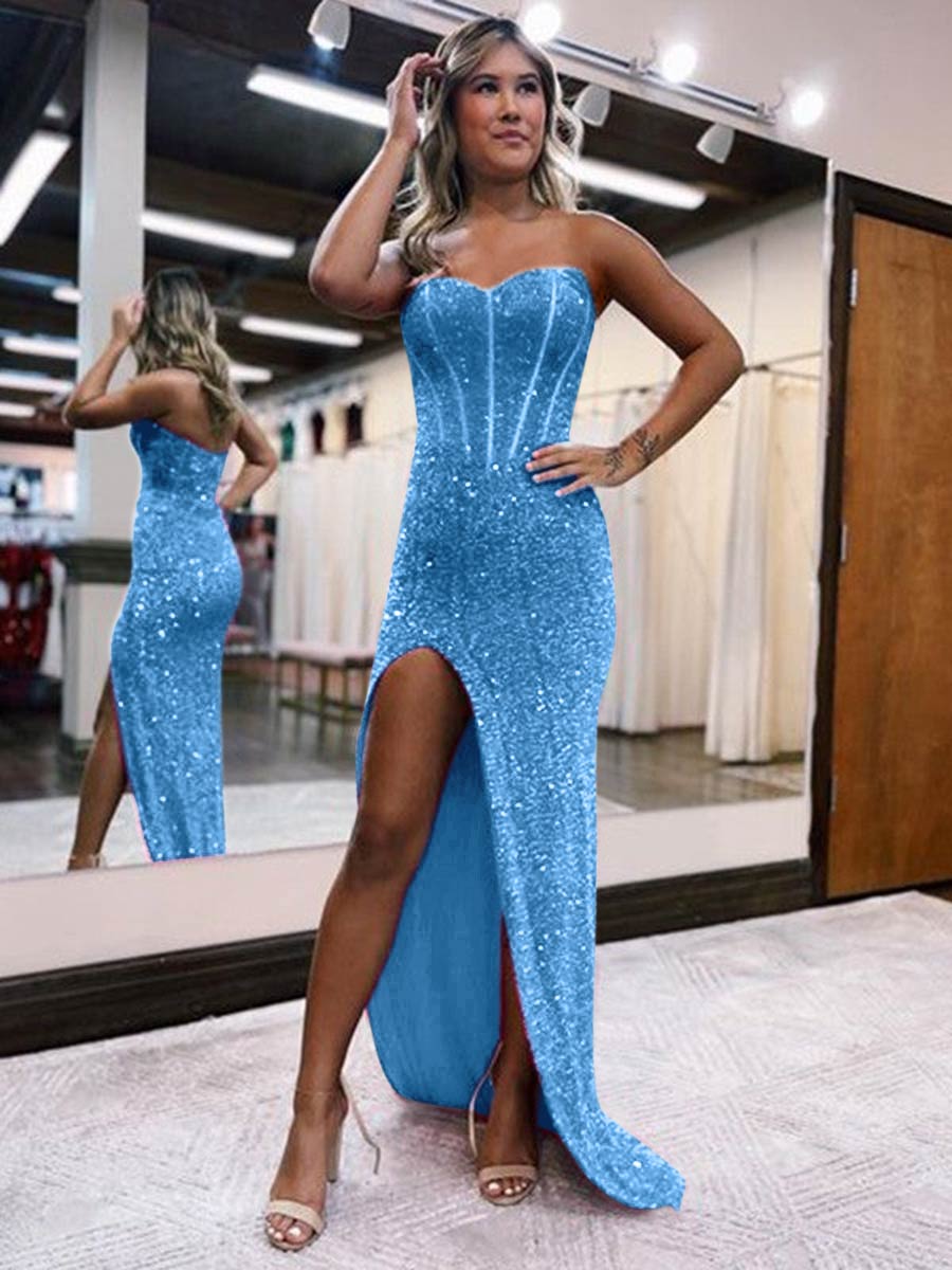 Strapless Sweetheart Corset Prom Dresses With Side Slit