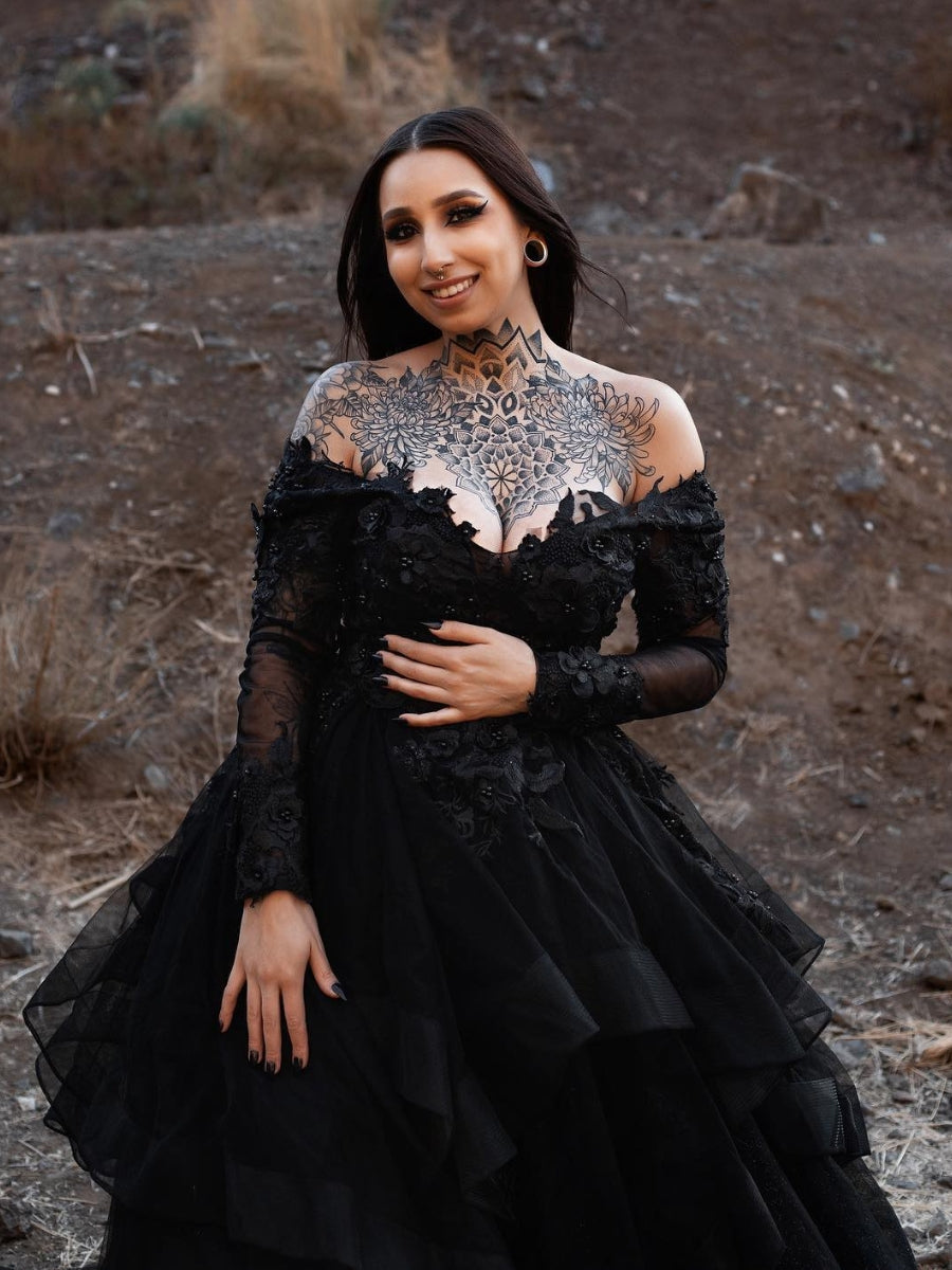 Off Shoulder V-neck Long Sleeves Applique Tiered Skirt Black Gothic Wedding Dress