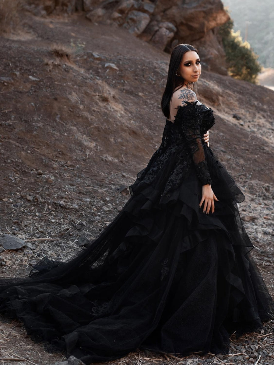 Off Shoulder V-neck Long Sleeves Applique Tiered Skirt Black Gothic Wedding Dress