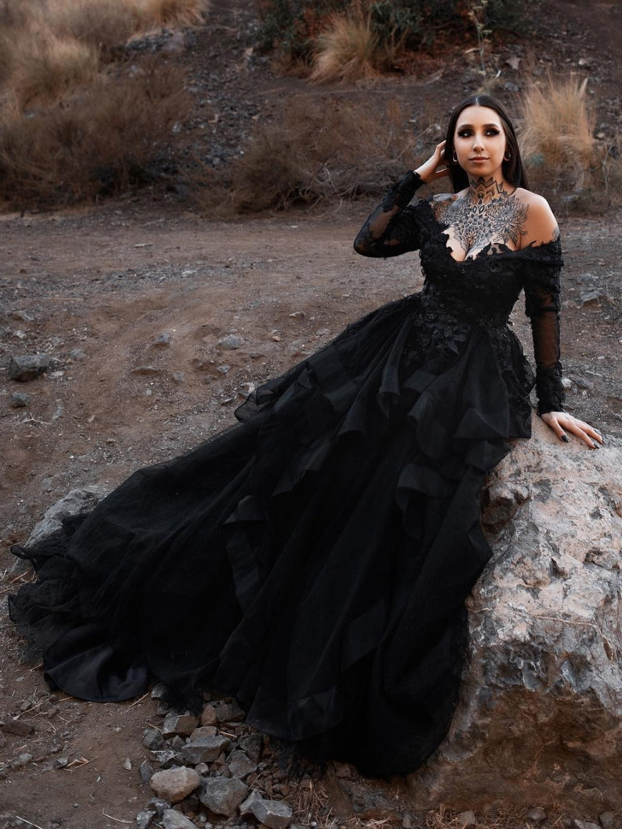 Off Shoulder V-neck Long Sleeves Applique Tiered Skirt Black Gothic Wedding Dress
