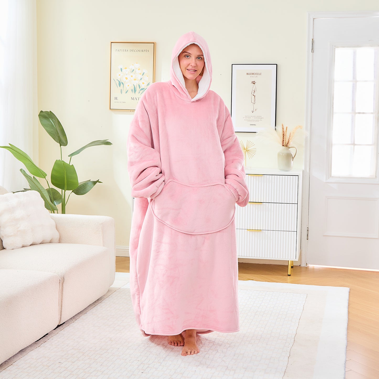 Oversized Hoodie Blanket – Pink Sherpa Lined Wearable Blanket