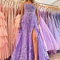 A-line Lace-up Applique Spaghetti Straps Prom Dresses