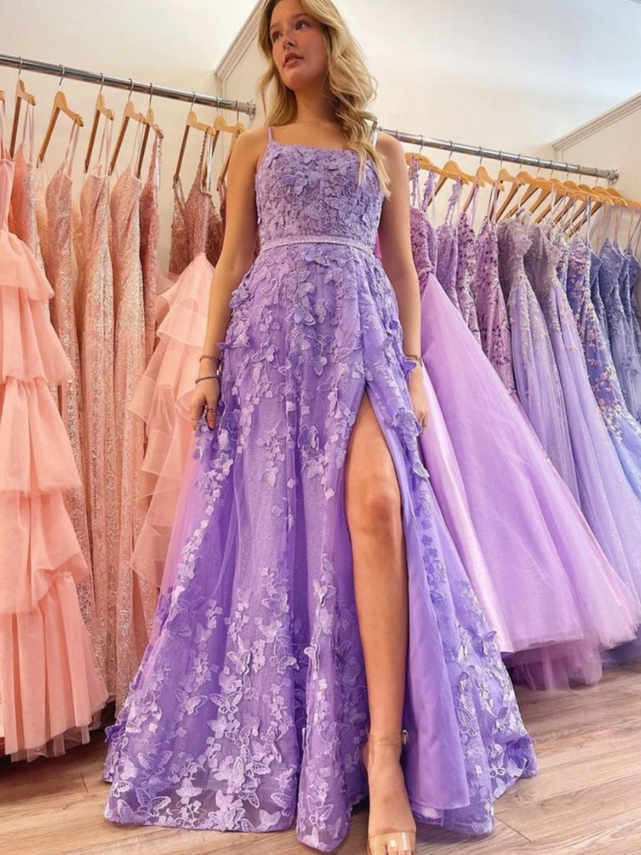 A-line Lace-up Applique Spaghetti Straps Prom Dresses