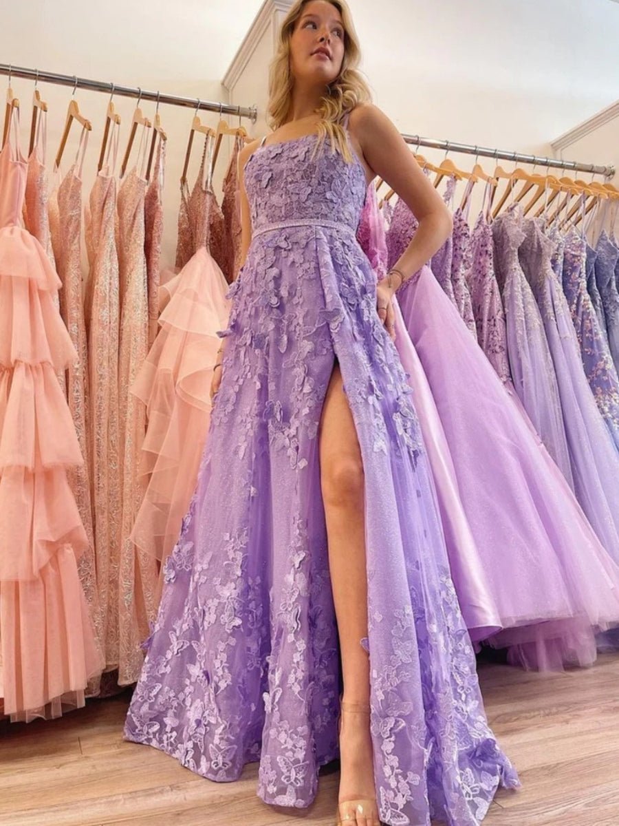A-line Lace-up Applique Spaghetti Straps Prom Dresses