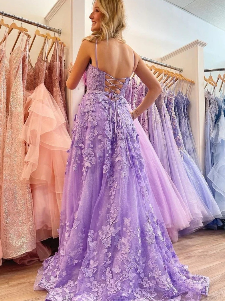 A-line Lace-up Applique Spaghetti Straps Prom Dresses