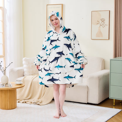 Shark Print Oversized Cosy Sherpa Lined Blanket Hoodie