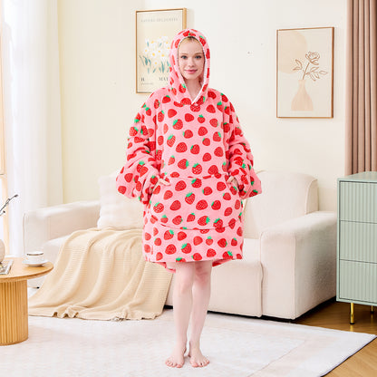 Strawberry Print Sherpa Lined Wearable Blanket Hoodie