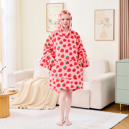 Strawberry Print Sherpa Lined Wearable Blanket Hoodie