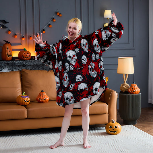 Spooky Skull Sherpa Hoodie Blanket