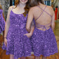 A-Line Spaghetti Straps Sleeveless Short Velvet Sequin Prom Dress