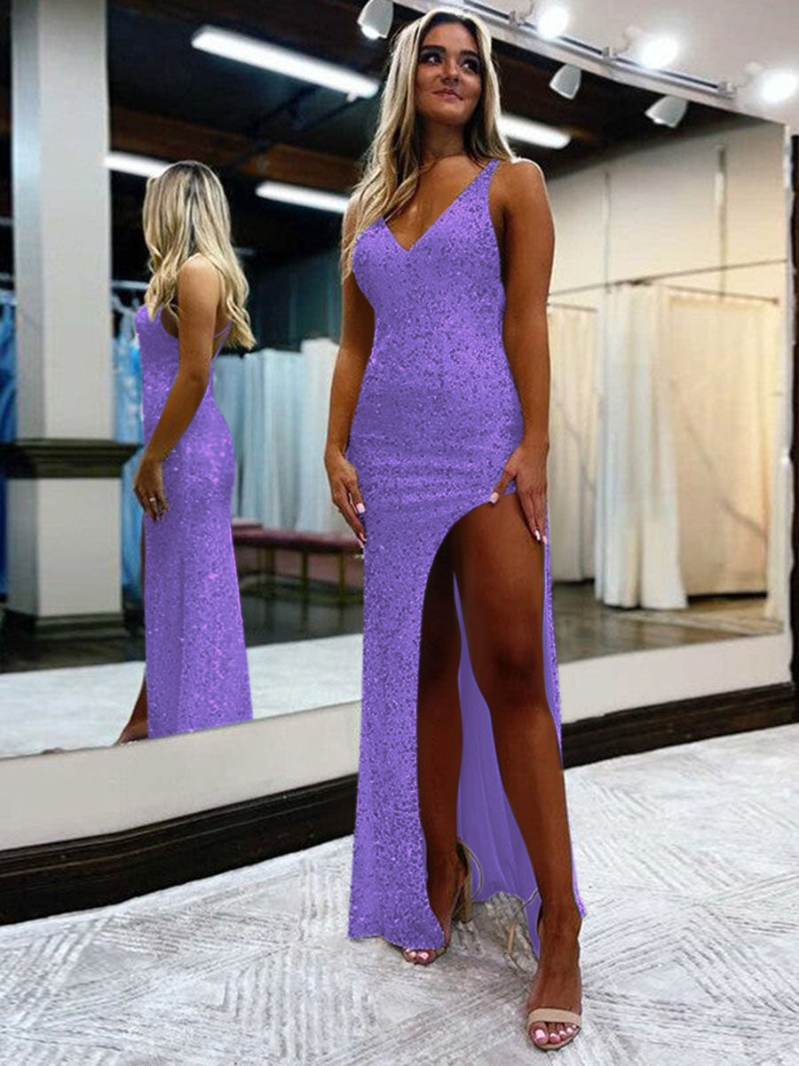 Sheath V-Neck Sleeveless Long Floor Length Velvet Sequin Prom Dress