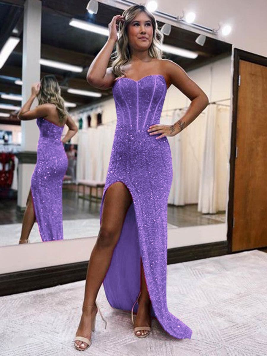 Strapless Sweetheart Corset Prom Dresses With Side Slit