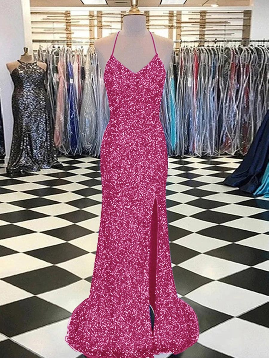 Sheath V-Neck Sleeveless Long Sweep Train Velvet Sequin Prom Dress