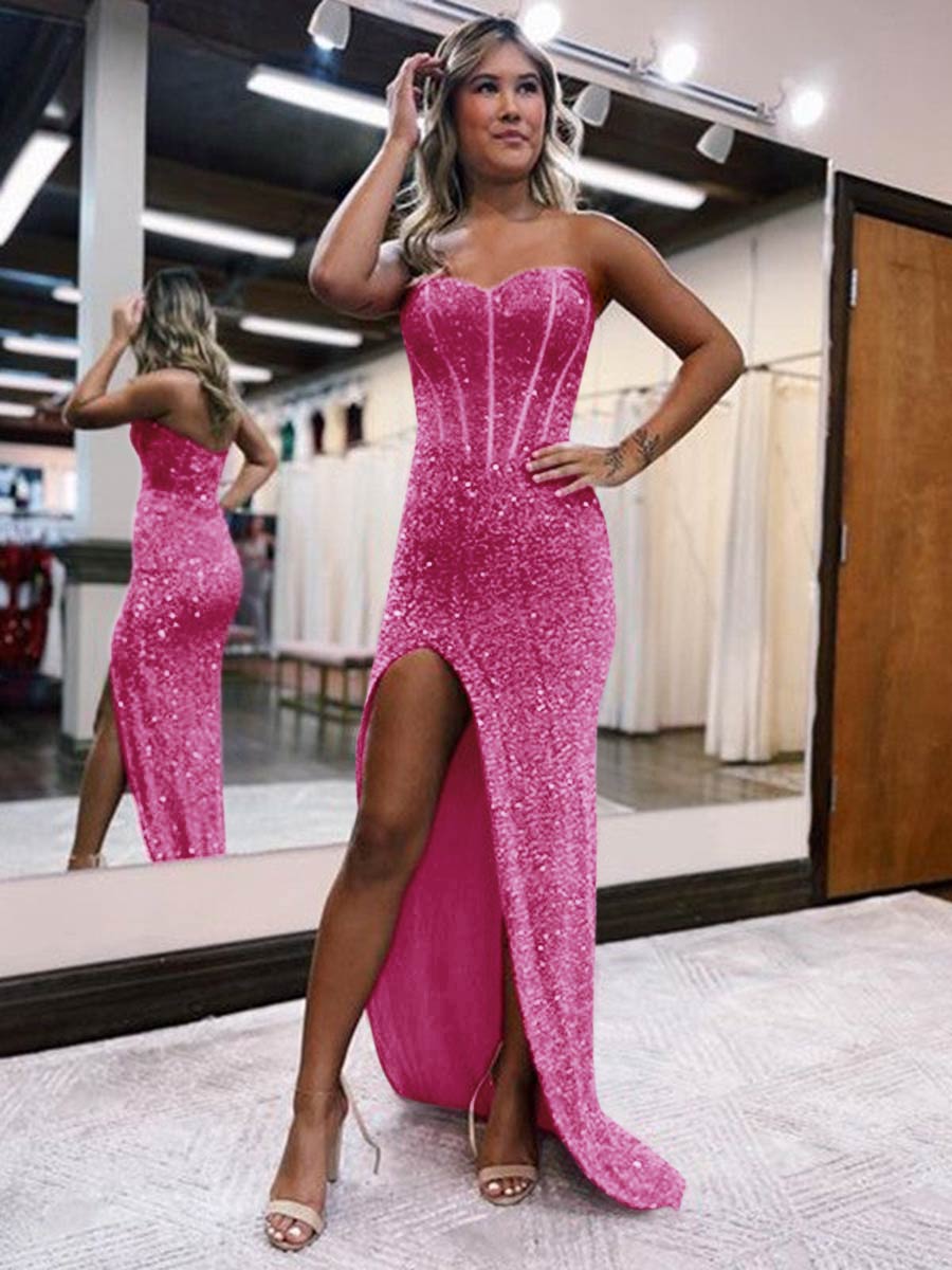 Strapless Sweetheart Corset Prom Dresses With Side Slit