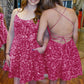 A-Line Spaghetti Straps Sleeveless Short Velvet Sequin Prom Dress
