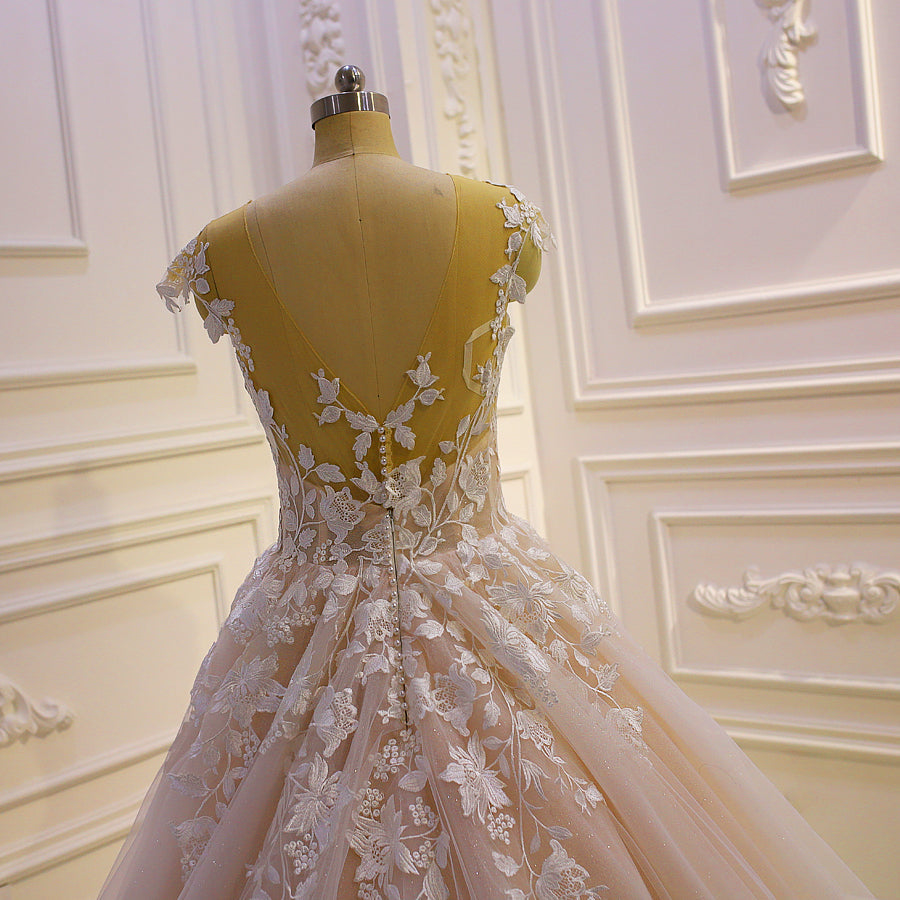 Illusion Floral Applique Open Back Wedding Dresses