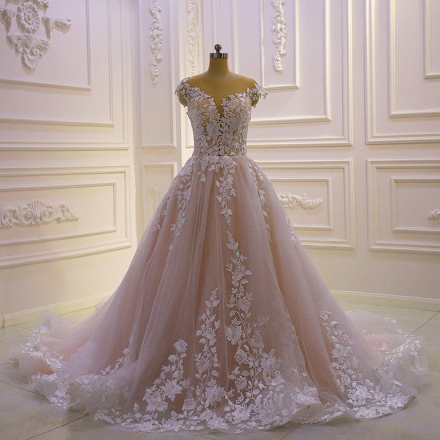 Illusion Floral Applique Open Back Wedding Dresses