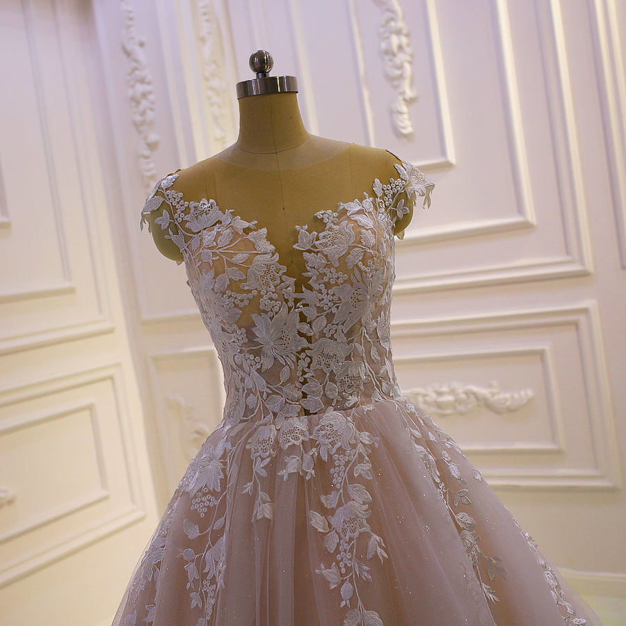 Illusion Floral Applique Open Back Wedding Dresses