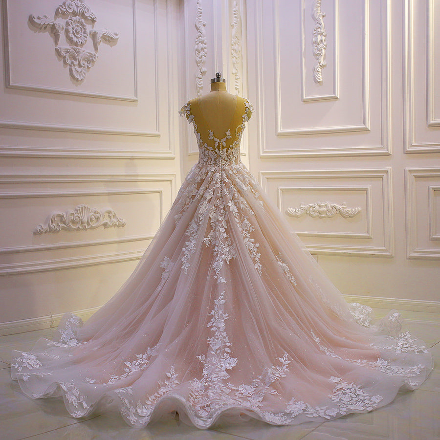 Illusion Floral Applique Open Back Wedding Dresses