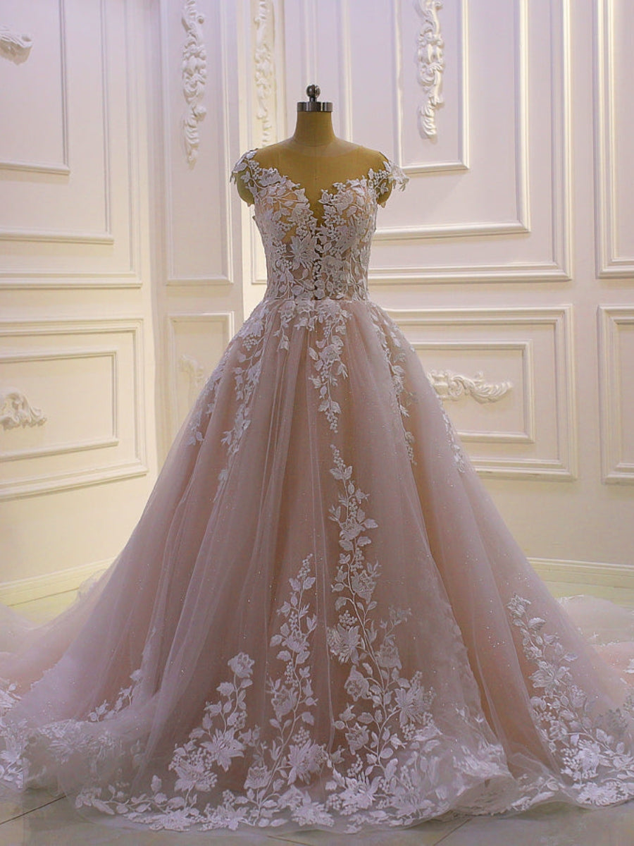 Illusion Floral Applique Open Back Wedding Dresses