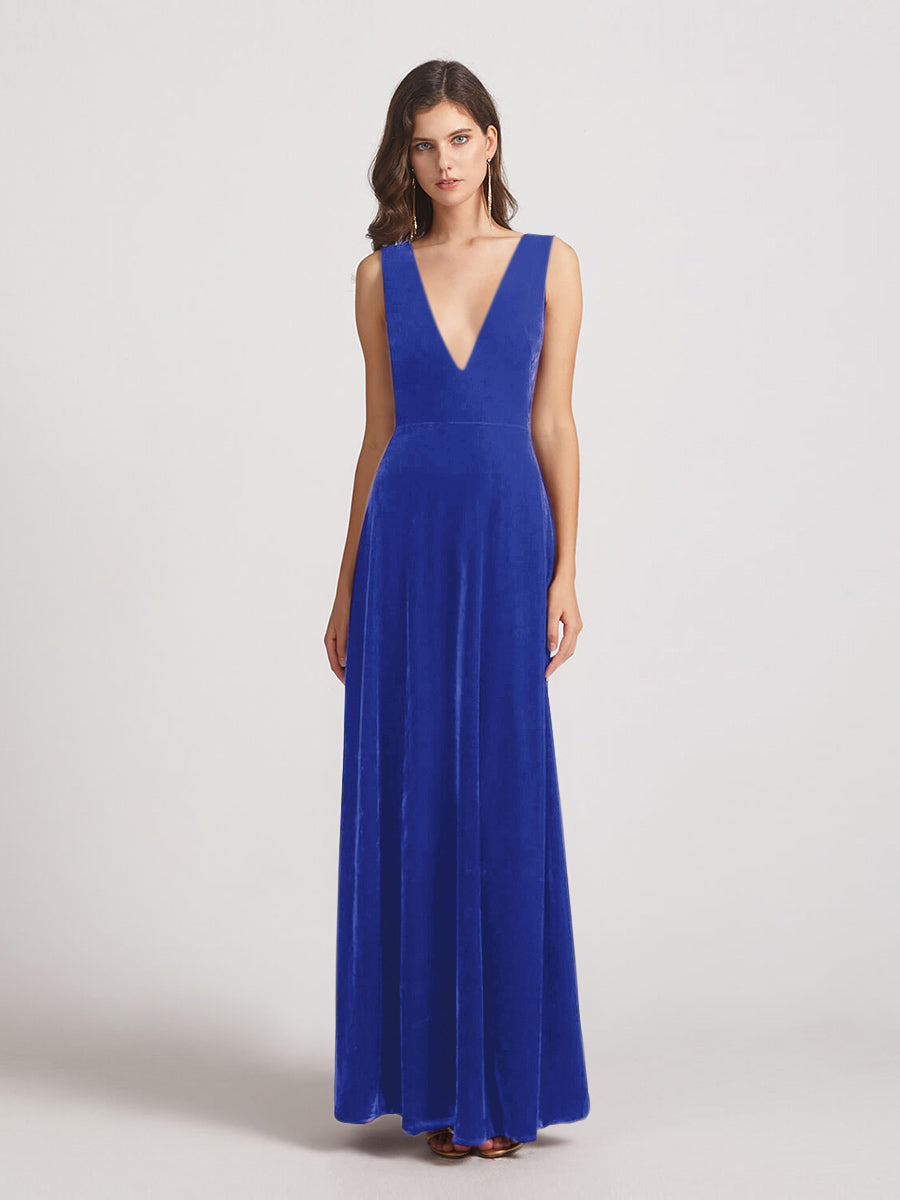 Bold V Neck A Line Velvet Bridesmaid Dresses