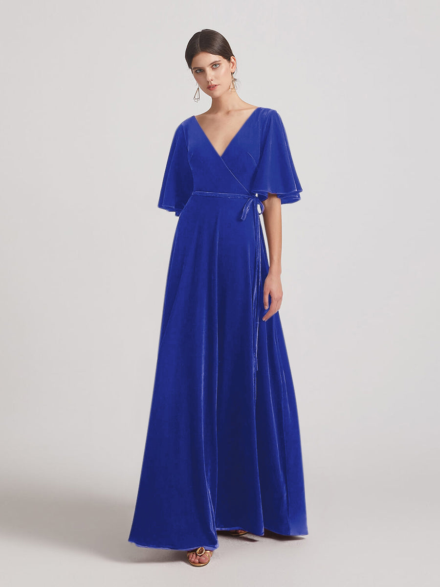 Elbow Length Flutter Sleeve Velvet Maxi Bridesmaid Dresses