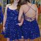 A-Line Spaghetti Straps Sleeveless Short Velvet Sequin Prom Dress