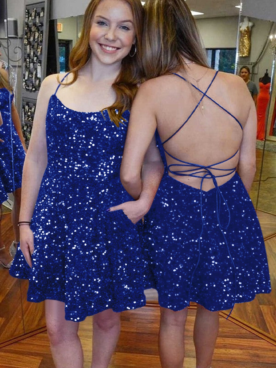 A-Line Spaghetti Straps Sleeveless Short Velvet Sequin Prom Dress