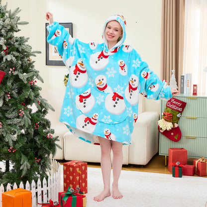 Snowman Print Hoodie Blanket – Oversized Christmas Wearable Blanket for Adults