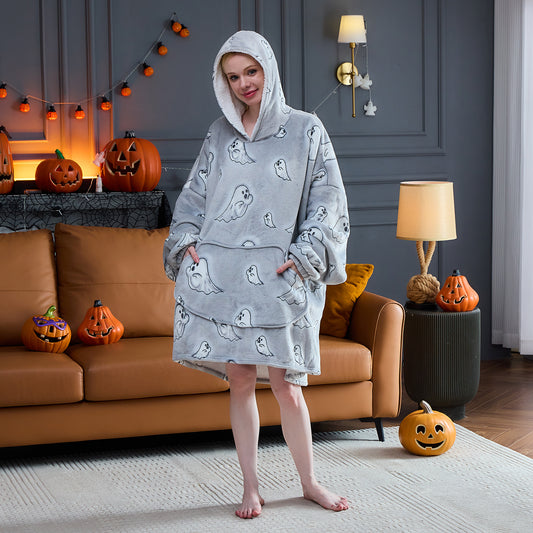 Ghost Patterned Sherpa Hoodie Blanket