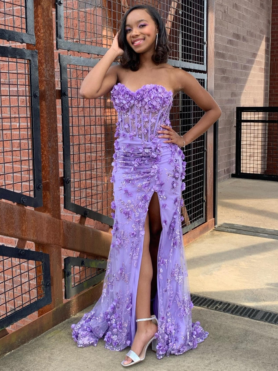 Strapless Sweetheart Long Fitted Corset Gown with 3D Flowers