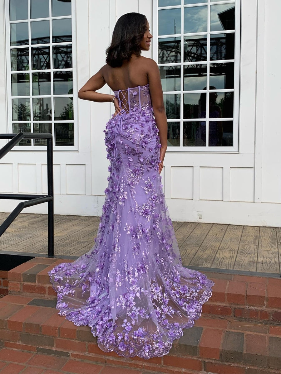 Strapless Sweetheart Long Fitted Corset Gown with 3D Flowers