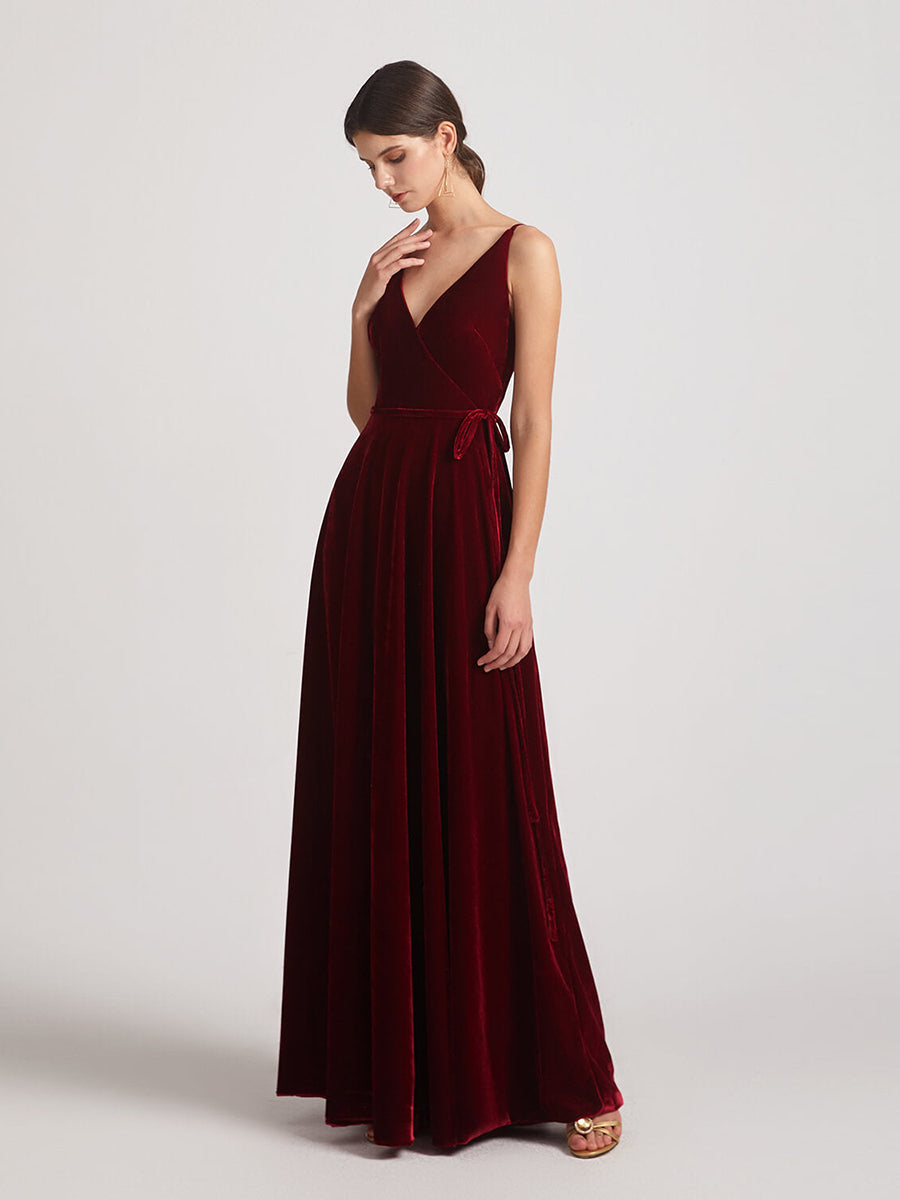 Spaghetti Strap V Neck Faux Wrap Velvet Bridesmaid Dresses