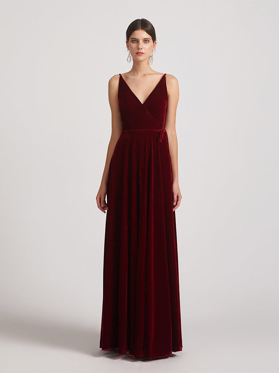 Spaghetti Strap V Neck Faux Wrap Velvet Bridesmaid Dresses