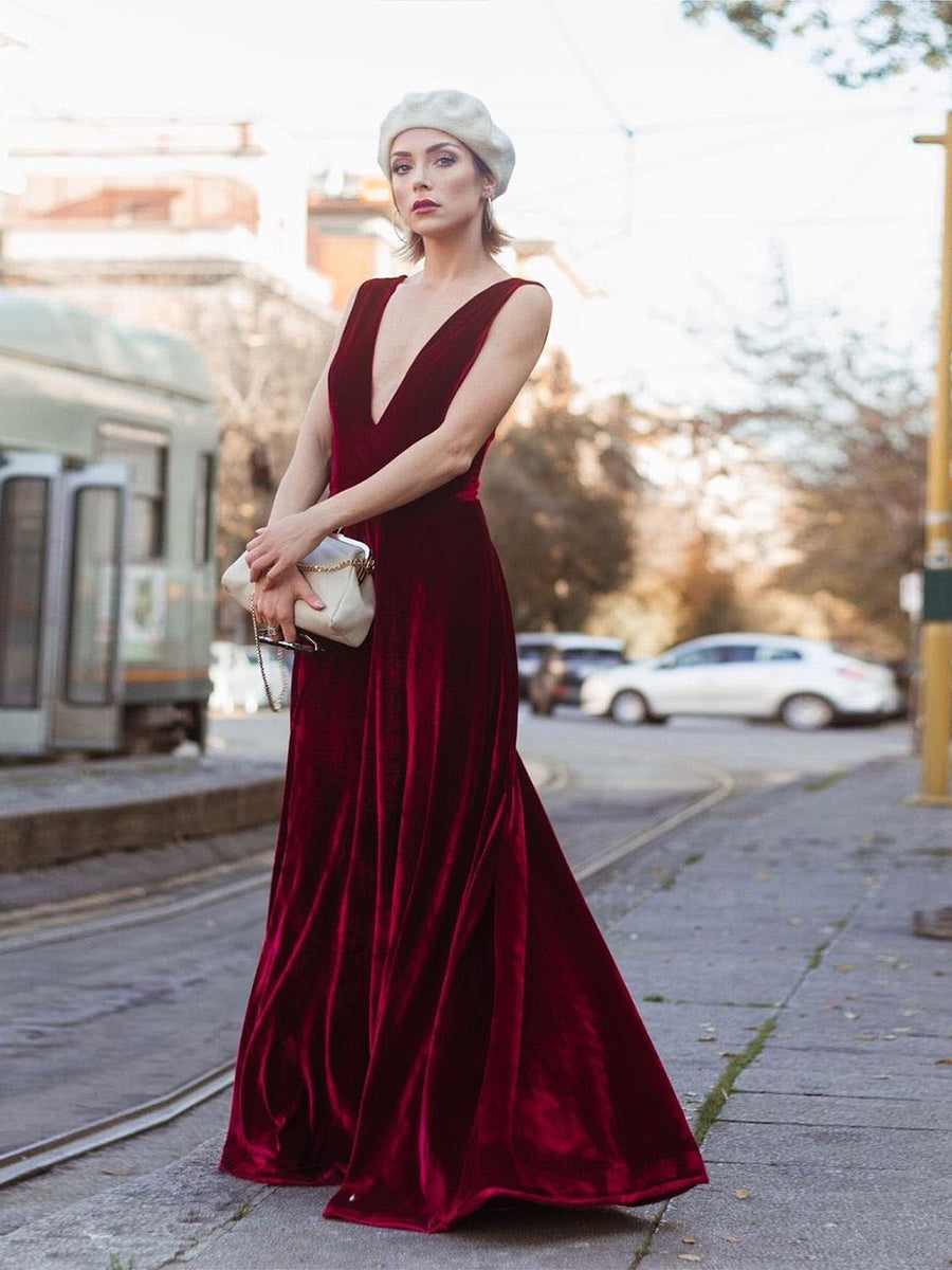 Spaghetti Strap V Neck Faux Wrap Velvet Bridesmaid Dresses