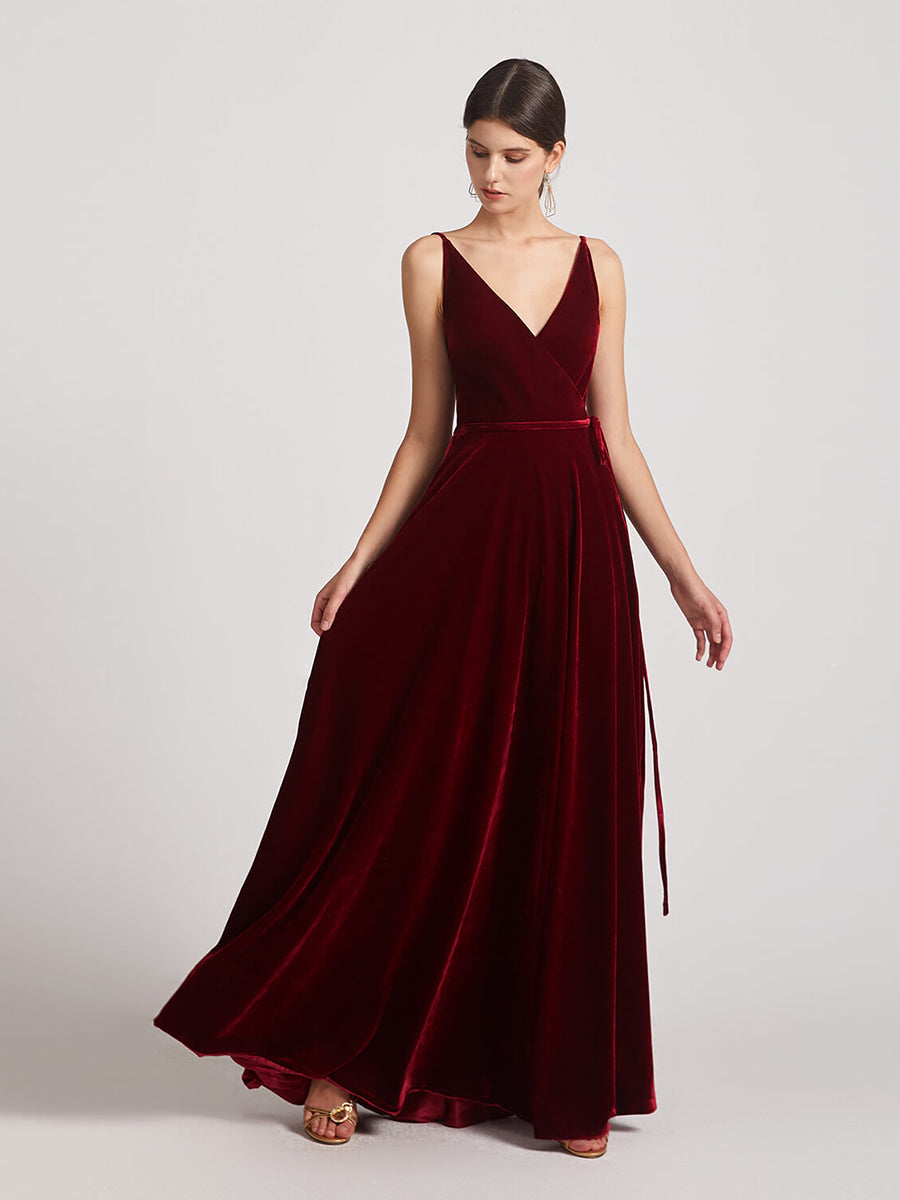 Spaghetti Strap V Neck Faux Wrap Velvet Bridesmaid Dresses