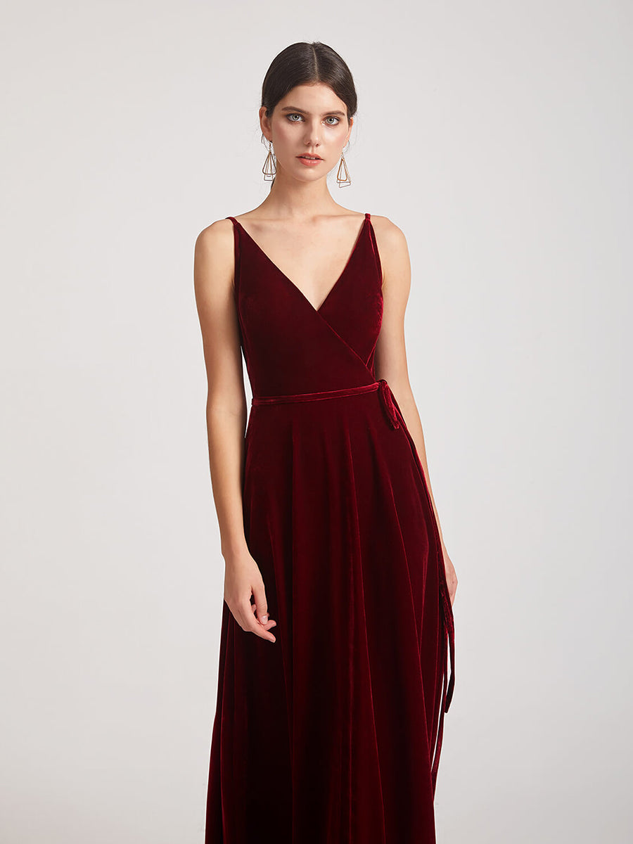 Spaghetti Strap V Neck Faux Wrap Velvet Bridesmaid Dresses