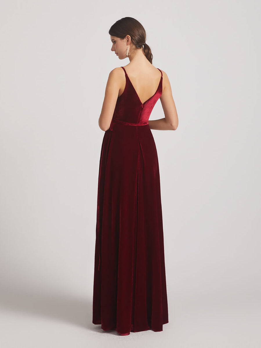 Spaghetti Strap V Neck Faux Wrap Velvet Bridesmaid Dresses