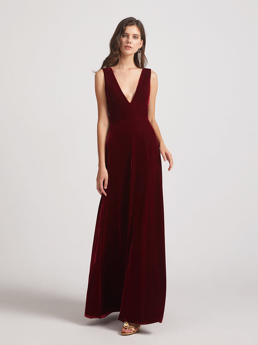 Bold V Neck A Line Velvet Bridesmaid Dresses