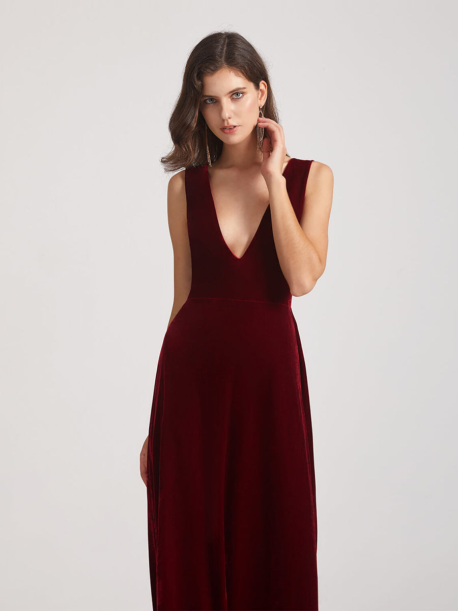 Bold V Neck A Line Velvet Bridesmaid Dresses