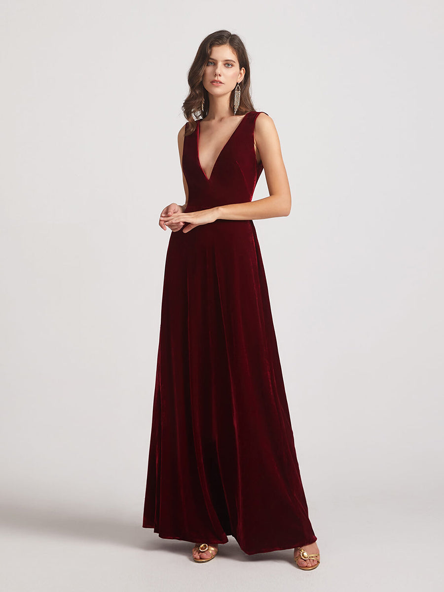 Bold V Neck A Line Velvet Bridesmaid Dresses