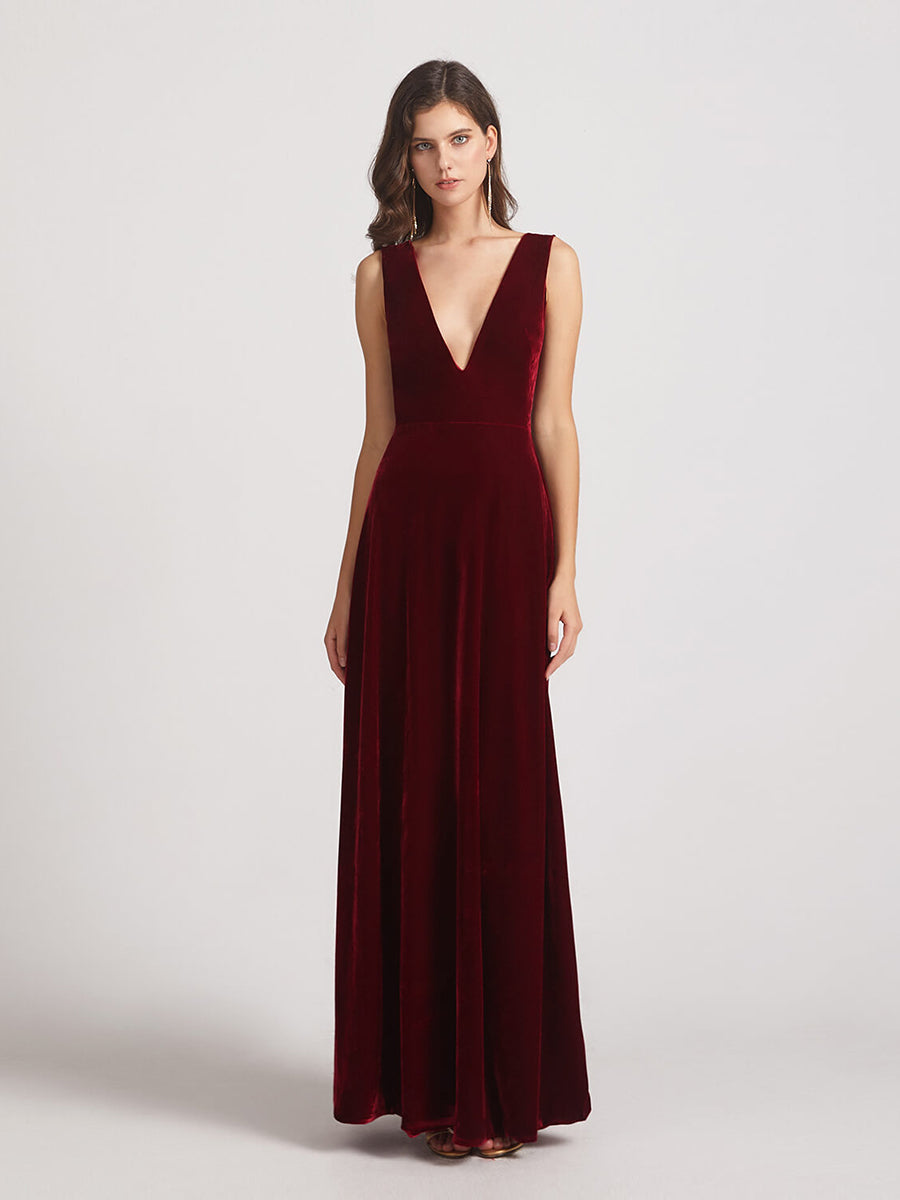 Bold V Neck A Line Velvet Bridesmaid Dresses