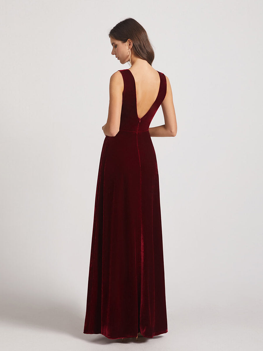 Bold V Neck A Line Velvet Bridesmaid Dresses