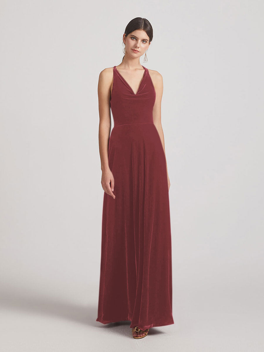 Cowl Neck Open Back Floor Length Velvet Bridesmaid Dresses