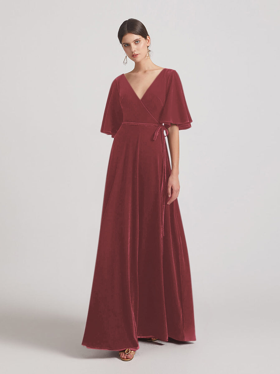 Elbow Length Flutter Sleeve Velvet Maxi Bridesmaid Dresses