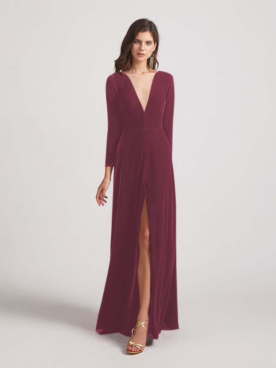 Long Sleeve Illusion V Neck Velvet Bridesmaid Dresses